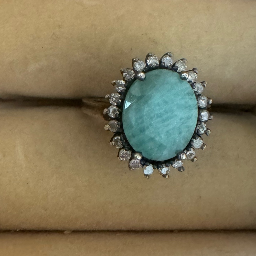 Adornia stamped sterling silver and emerald ring with natural diamonds - size 6